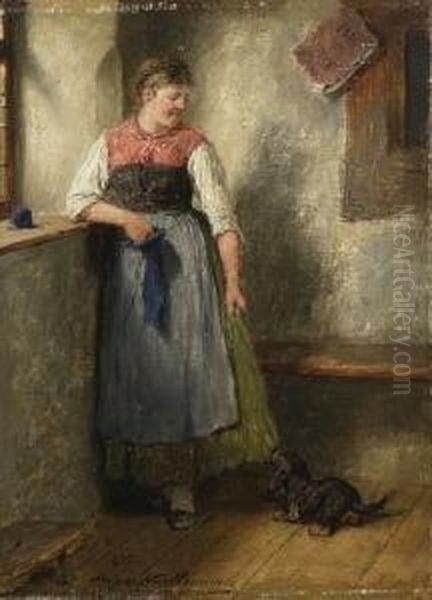 Dirndl Mit Dackel Am
 Fenster. Oil Painting by Hugo Kauffmann