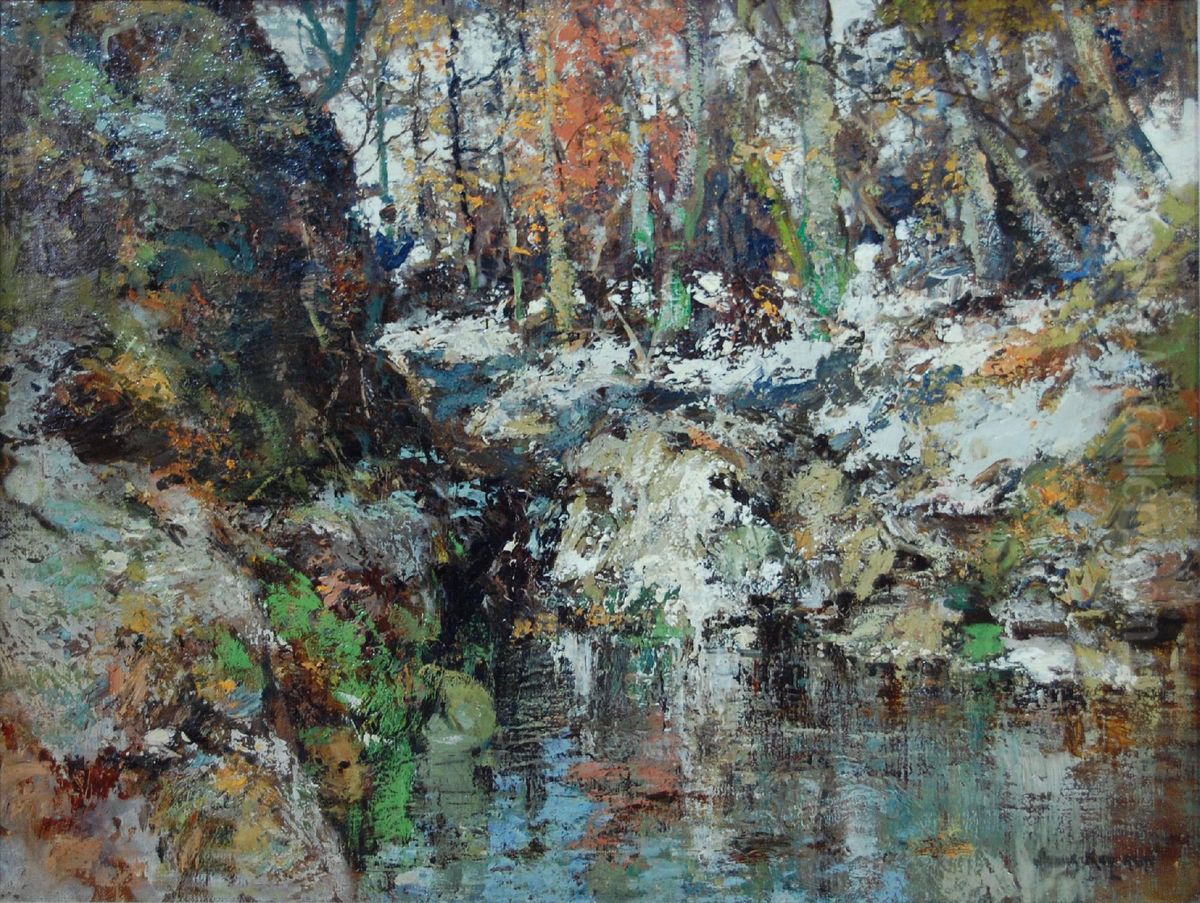 A Winter Woodland Stream Oil Painting by James Kay