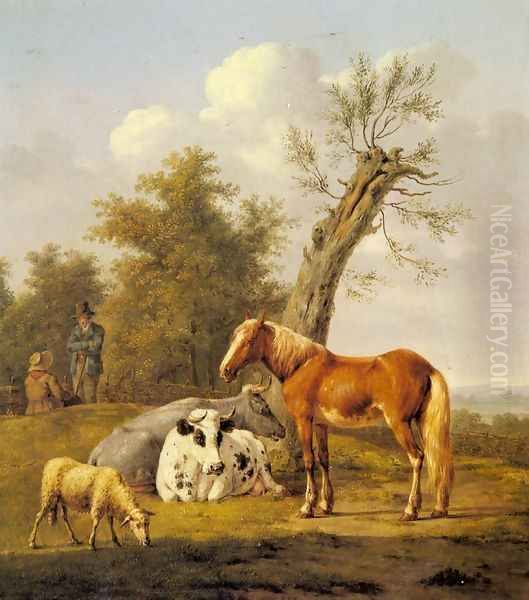 Cows, a Horse and a Sheep Resting by a Blasted Oak Oil Painting by Anthony Oberman