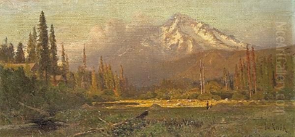 Cabin Hideaway Near A Sunlit 
Clearing With A Mountain In The Distance, Thought To Be Mt. Shasta Oil Painting by William Keith