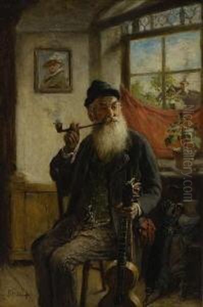 Alter Bauer Mit Pfeife Und
 Gitarre. Oil Painting by Hermann Kern