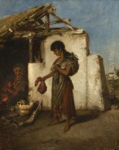 Junge Zigeunerin Vor Einem
 Verfallenden Bauernhaus. Oil Painting by Hermann Kern