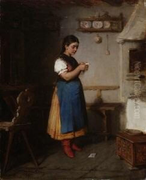 Ungarisches Bauernmadchen In Der
 Stube Oil Painting by Hermann Kern