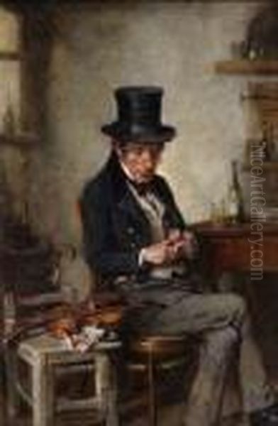 Der Dorfgeiger Bei Der
 Brotzeit. Oil Painting by Hermann Kern