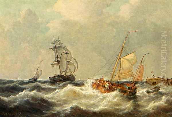 Sailing Vessels In Choppy Waters Oil Painting by George Willem Opdenhoff