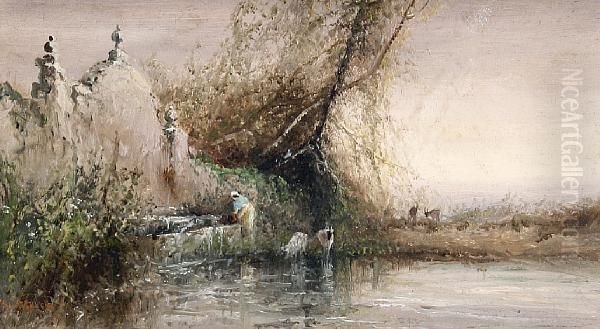 An Old Fountain At Houvalt Oil Painting by S.L. Kilpack
