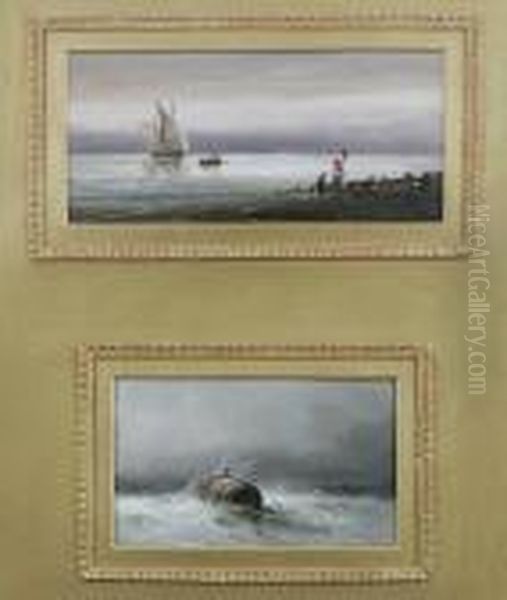 Coastal Scenes, Two In One 
Frame, Figures On A Beach Fishing Boats Beyond And A Barrel Buoy Oil Painting by S.L. Kilpack