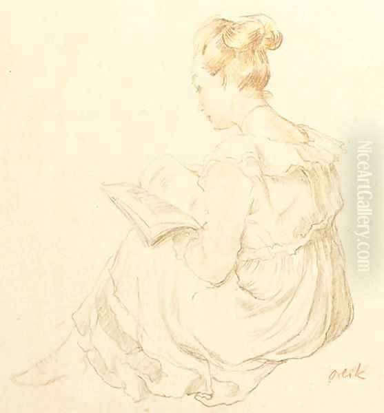 A girl reading Oil Painting by Emil Orlik