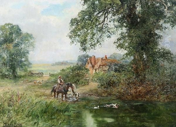 A Rural Scene With A Farmer 
Watering Two Heavy Horses, Ducks Nearby, Chickens And A Farm Beyond, 
Signed Oil Painting by Henry John Yeend King