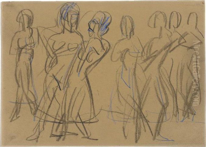 Tanzgruppe Der Mary-wigman-schule Indresden Oil Painting by Ernst Ludwig Kirchner