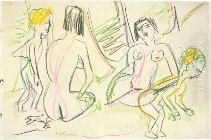 Zwei Weibliche Akte Und Zwei Kinder Oil Painting by Ernst Ludwig Kirchner