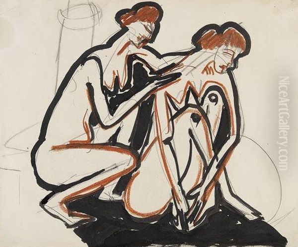 Zwei Hockende Weiblicheakte Oil Painting by Ernst Ludwig Kirchner