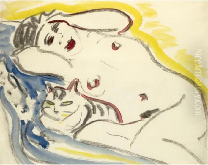 Liegender Weiblicher Akt Mit 
Katze (reclining Female Nude With Cat) - Recto Weisse Katze (white Cat) -
 Verso Oil Painting by Ernst Ludwig Kirchner