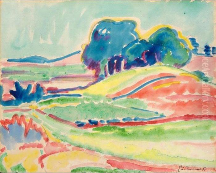Hugellandschaft Mit Baumen Bei 
Dresden (landscape With Hills And Trees Near Dresden) - Recto Frau Im 
Tub (woman In A Tub) - Verso Oil Painting by Ernst Ludwig Kirchner