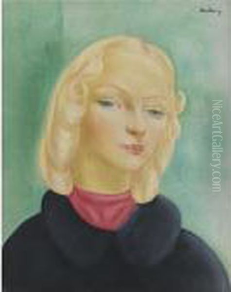 Jeune Fille Au Foulard Rouge Or Portrait D'ingrid Rooge Oil Painting by Jean Kisling