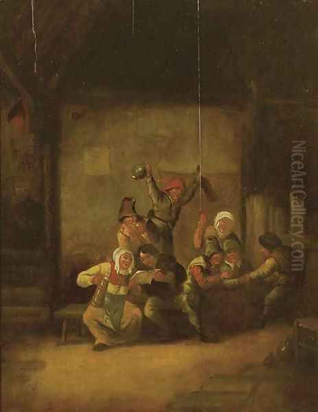 Boors drinking and singing in a barn Oil Painting by Adriaen Jansz. Van Ostade