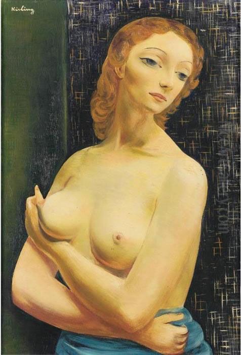 Portrait De Jeune Femme Au Buste Nu (ingrid Rouge) Oil Painting by Jean Kisling