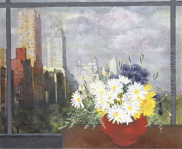 Bouquet De Fleurs Devant La Fenetre, New York Oil Painting by Jean Kisling