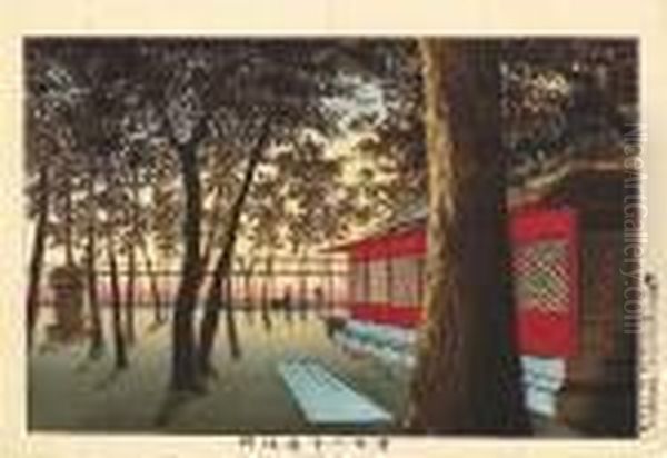 (yakumo-schrein In Kanda). Zwei 
Besucher Geniesen Den Blick Uber Die Stadt Vor Dem Schrein Bei 
Untergehender Sonne. Die Sonne Wirft Ihre Letzten Strahlen Auf Den Baum 
Und Den Schrein. Bez.: Kobayashi Kiyochika. Verlag: Fukuda Kumajiro. 
Datum: Meij Oil Painting by Kobayashi Kiyochika