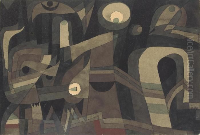 Nachts (grun/indischrot, Duster) Oil Painting by Paul Klee