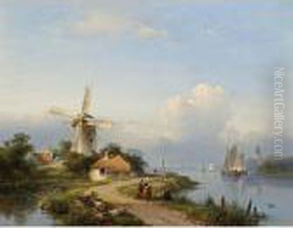 A Summer Landscape With A Mill Along A River Oil Painting by Lodewijk Johannes Kleijn