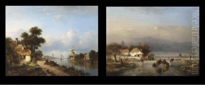 A Summer Landscape With Figures 
On A Riverbank; A Winter Landscape With Skaters On A Frozen Waterway (a 
Pair) Oil Painting by Lodewijk Johannes Kleijn