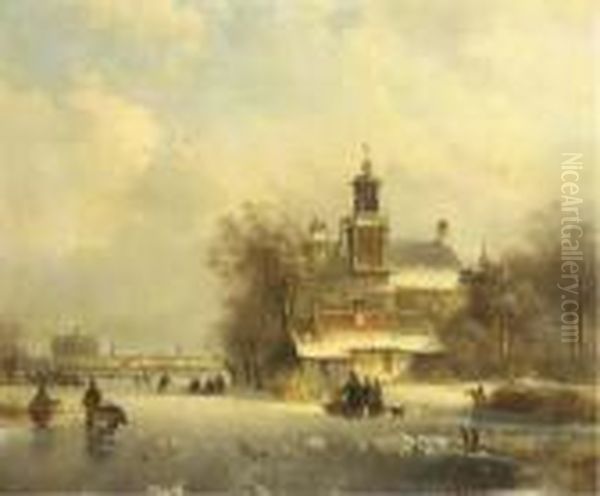 Numerous Skaters On The Ice By A
 Church, A Koek And Zopie And Asunlit Town In The Distance Oil Painting by Lodewijk Johannes Kleijn