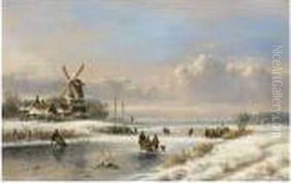 A Winter Landscape With Skaters 
On A Frozen River; A Summer Landscape With Sailing Vessels On A River (a
 Pair) Oil Painting by Lodewijk Johannes Kleijn