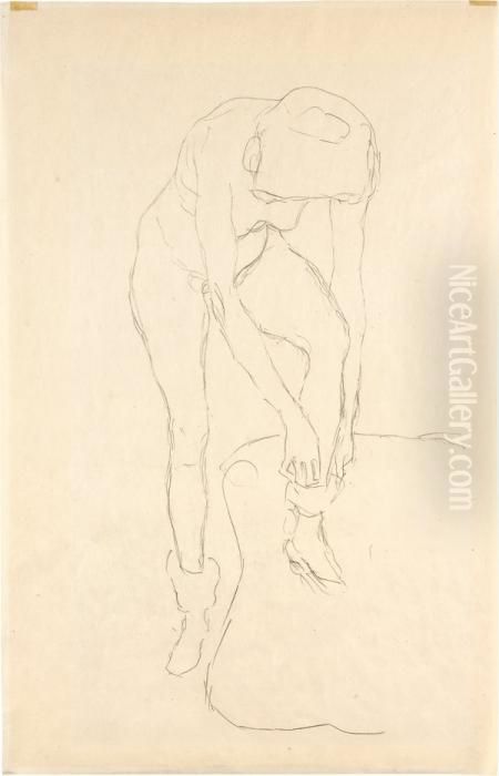 Madchen Beimstrumpfe Anziehen Oil Painting by Gustav Klimt