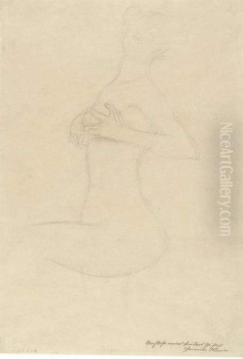 Stehender Frauenakt Mit Erhobenem Linkem Bein, Die Hande An Derbrust Oil Painting by Gustav Klimt
