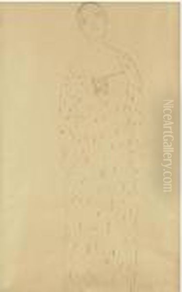 Stehende Dame Von Vorne, Mit 
Gemustertem Kleid (standing Ladyfrontal View, With Patterned Dress) Oil Painting by Gustav Klimt