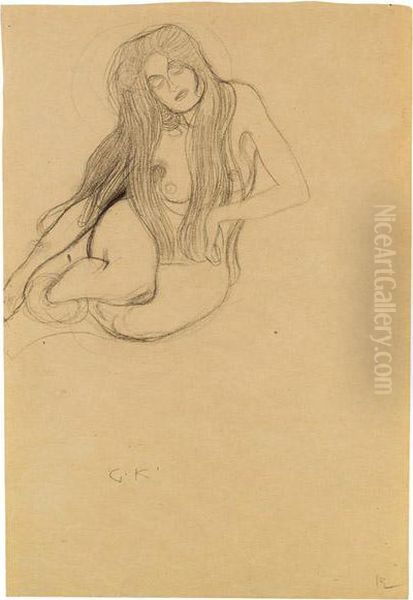 Seated Female Nude
 Sketch For Oil Painting by Gustav Klimt