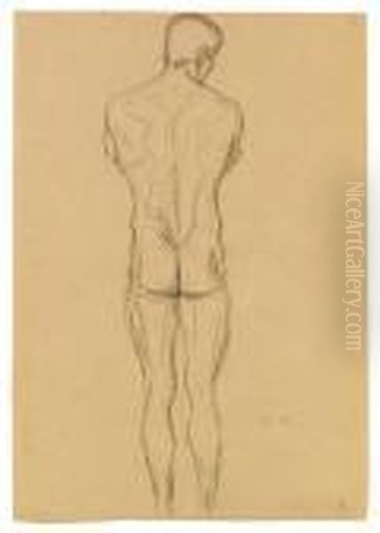 Male Nude Back
 Sketch For
 This Kiss To The Whole World Oil Painting by Gustav Klimt