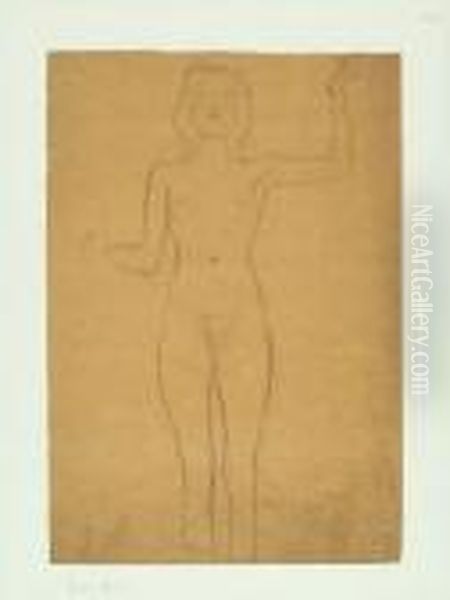Standing Full Length Female Nude With One Arm Raised Oil Painting by Gustav Klimt