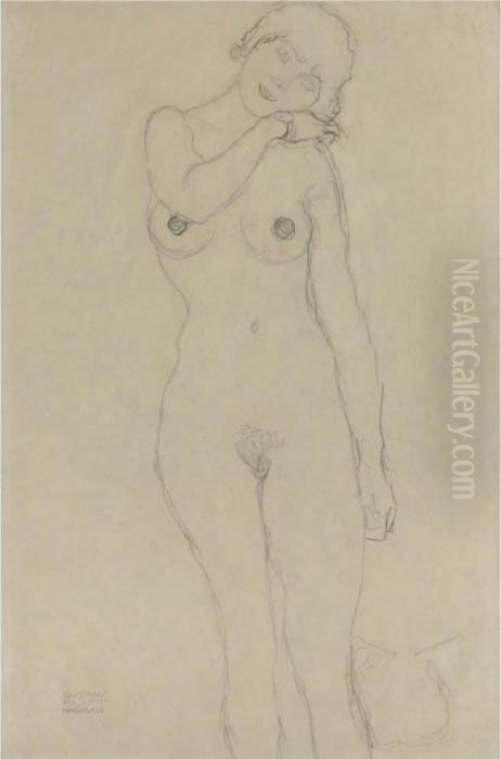 Stehend Von Vorne, Den Kopf Nach Rechts Geneigt (standing Woman With Head Leaning Right) Oil Painting by Gustav Klimt