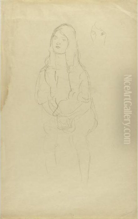 Sitzendes Madchen Nach Links, 
Kopfweiderholung (study For Portrait Of Mada Primavesi, Seated With 
Crossed Hands) Oil Painting by Gustav Klimt