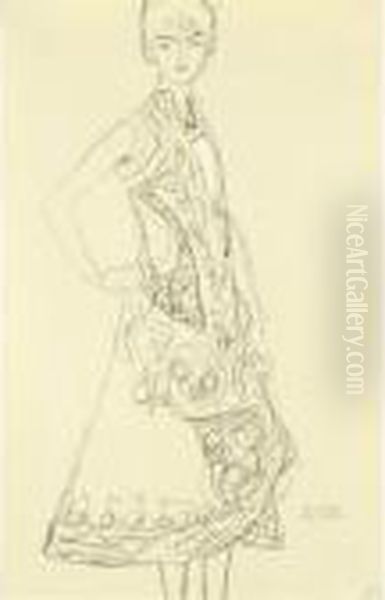 Frau In Reich Gemustertem Kleid,
 Die Rechte In Die Hufte Gestutzt (woman In Richly Patterned Dress, 
Right Hand Resting On Hip) Oil Painting by Gustav Klimt