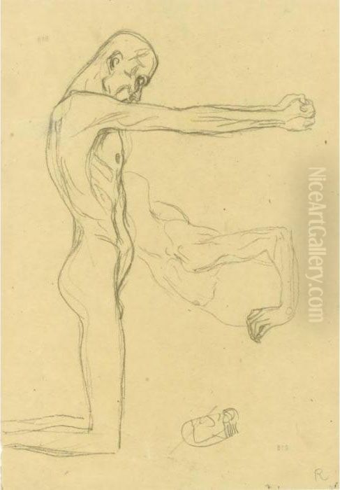 Property From A Private European
 Collection
 

 
 
 

 
 Kniender Mannerakt Mit Ausgestreckten Armen, Mannlicher 
Oberki-rper (kneeling Male Nude With Sprawled Out Arms, Male Torso) Oil Painting by Gustav Klimt