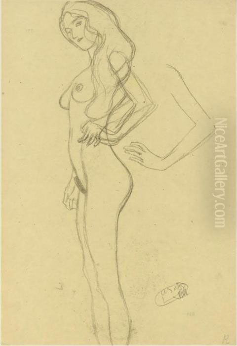 Property From A Private European Collection
 

 
 
 

 
 Stehender Weiblicher Akt Nach Links, Armstudie (standing Female Nude To The Left, Arm Study) Oil Painting by Gustav Klimt