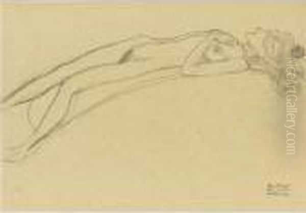 Property From A Private European
 Collection
 

 
 
 

 
 Auf Dem Rucken Liegender Madchenakt, Die Rechte Uber Dem Kopf 
Sichtbar (lying Girl Nude On Her Back, The Right Hand Above Her Head) Oil Painting by Gustav Klimt