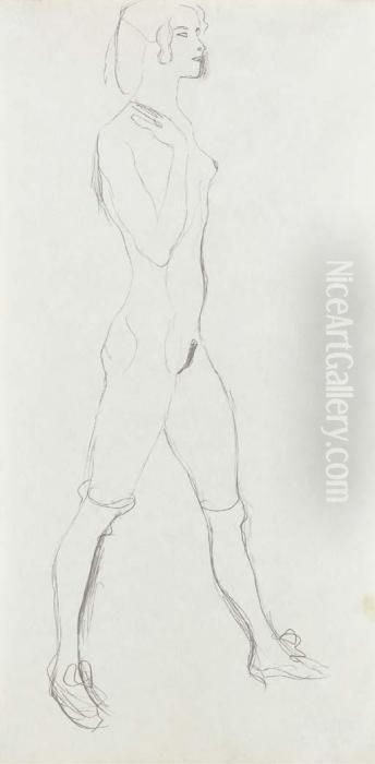 Schreitende; Mit Strupfen, Die Rechte Hand An Der Schulter Oil Painting by Gustav Klimt