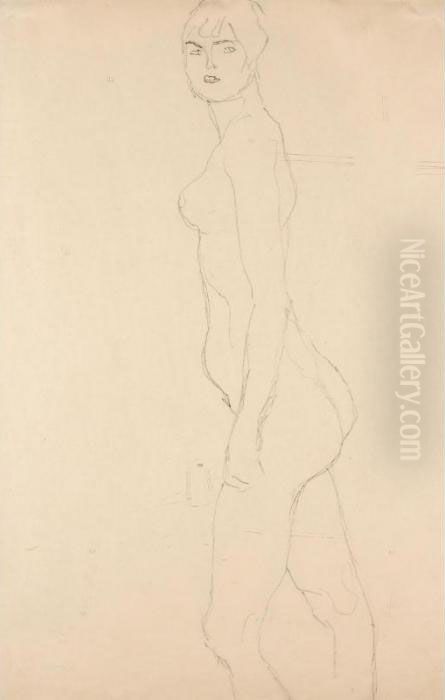 Akt Nach Links, Studie Fur 'die 
Freundinnen' (nude Turned To The Left, Study For 'die Freundinnen') Oil Painting by Gustav Klimt