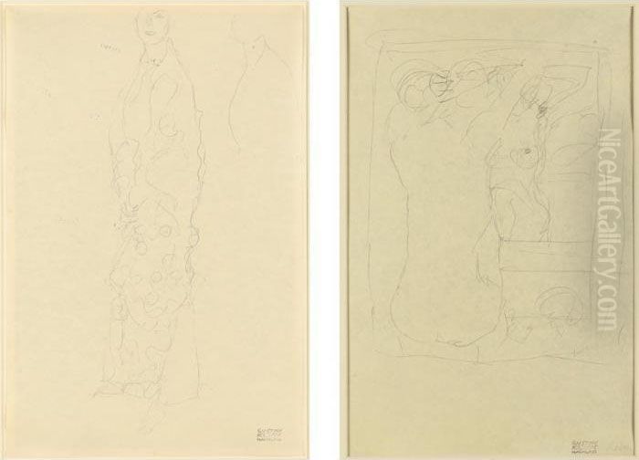 In Ganzer Figur, Wiederholung 
Von Kopf Und Brust And Sitzender Akt Vor Dem Spiegel : A Double-sided 
Drawing (whole Figure, Head And Chest And Seated Nude In Front Of A 
Mirror) Oil Painting by Gustav Klimt