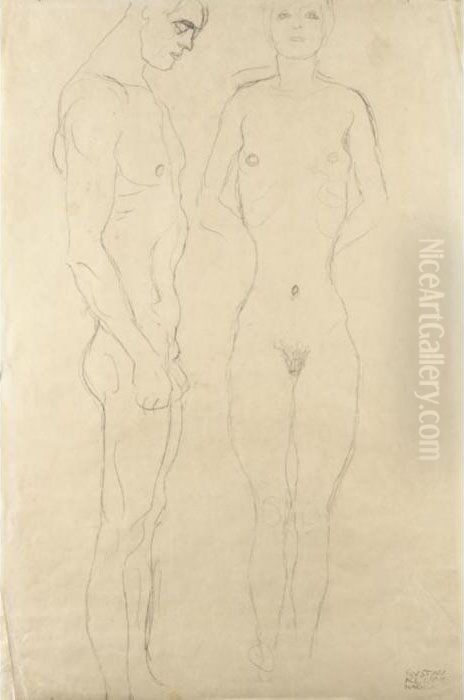 Athlet Im Profil Nach Rechts, 
Frauenakt Von Vorne (athlete In Profile Facing Right, Female Nude Seen 
From The Front) Oil Painting by Gustav Klimt