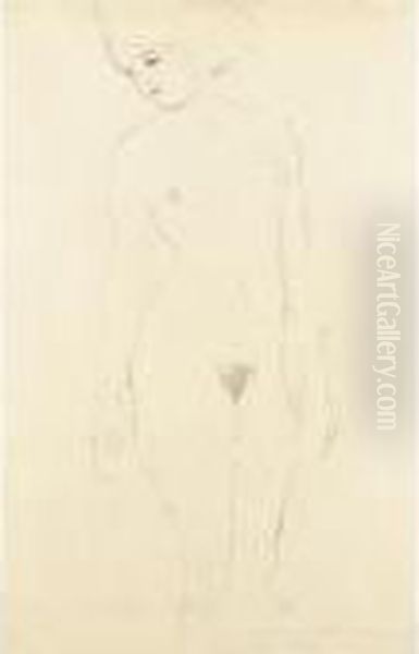 Akt Von Vorne, Das Gesicht Nach 
Links Gedreht (nude Seen From The Front, Face Turned Left) Oil Painting by Gustav Klimt