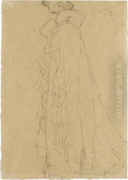 Stehend Nach Links, Skizze Des 
Kragens Von Hinten (standing Turned To The Left, Sketch Of The Collar 
From Reverse) Oil Painting by Gustav Klimt