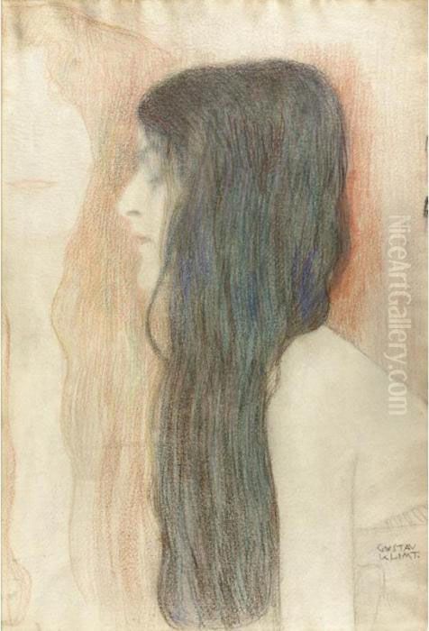 Madchen Mit Langem Haar Im 
Profil, Mit Skizze Der 'nuda Veritas' (girl With Long Hair In Profile, 
With A Sketch For 'nuda Veritas') Oil Painting by Gustav Klimt