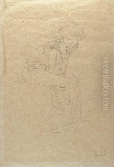 Seated Woman Holding Her Head In Her Hands Oil Painting by Gustav Klimt