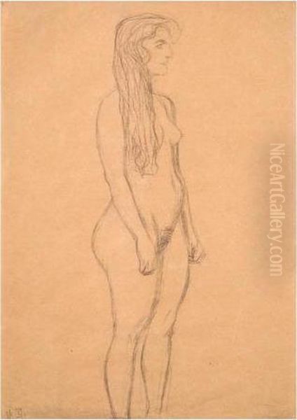 Stehender Madchenakt Im Profil 
Nach Rechts (portrait Of A Standing Female Figure Nude In Profile Turned
 To The Right) Oil Painting by Gustav Klimt
