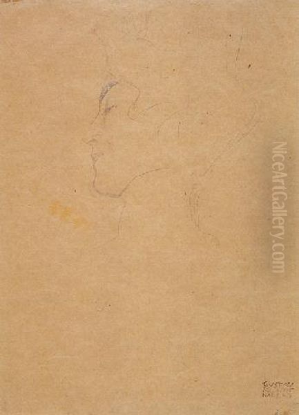 Frauenkopf Im Profil Nach Links 
Mit Hoch Abschilessendem Kragen (woman In Profile Looking To The Left 
With A High Collar) Oil Painting by Gustav Klimt